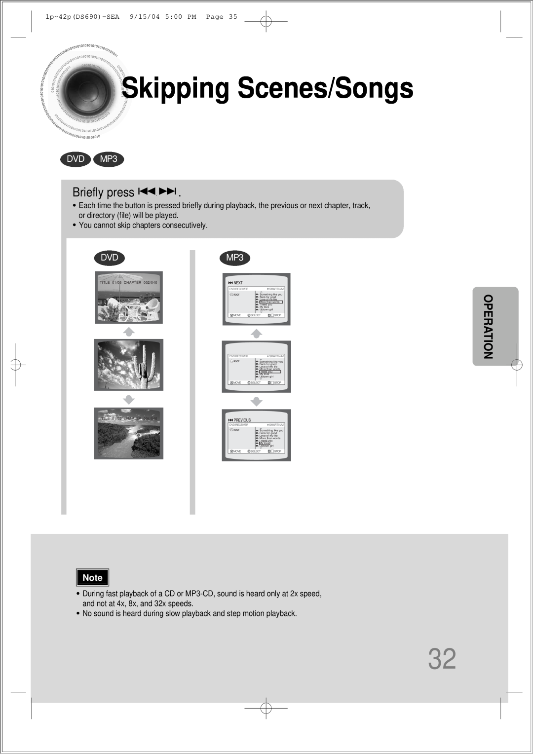 Samsung HT-DS690 instruction manual SkippingScenes/Songs, Briefly press, Operation, DVD MP3 