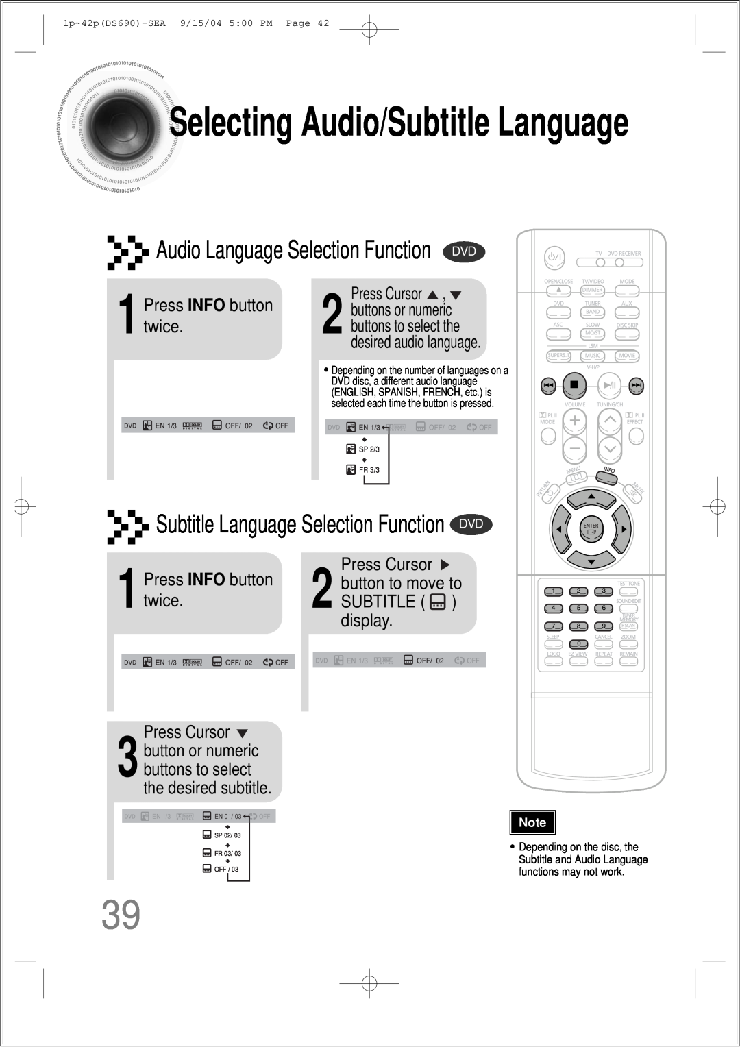 Samsung HT-DS690 Audio Language Selection Function DVD, Subtitle Language Selection Function DVD, 1Press INFO button twice 