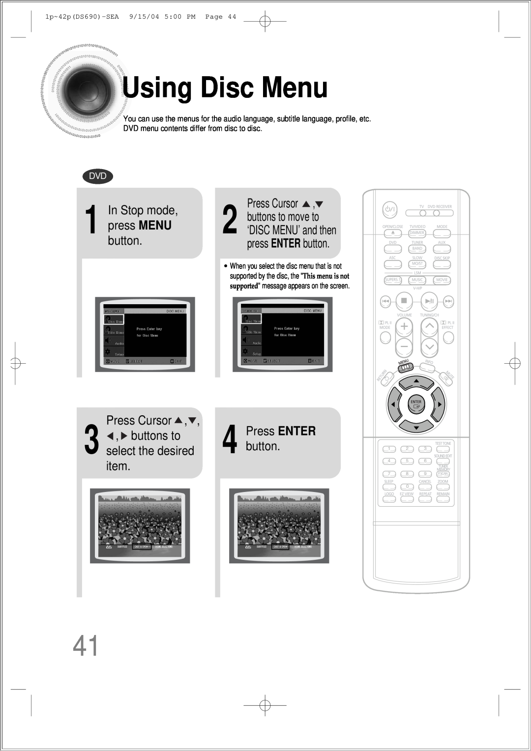 Samsung HT-DS690 UsingDisc Menu, buttons to, item, Press ENTER, Press Cursor, In Stop mode, press MENU button 