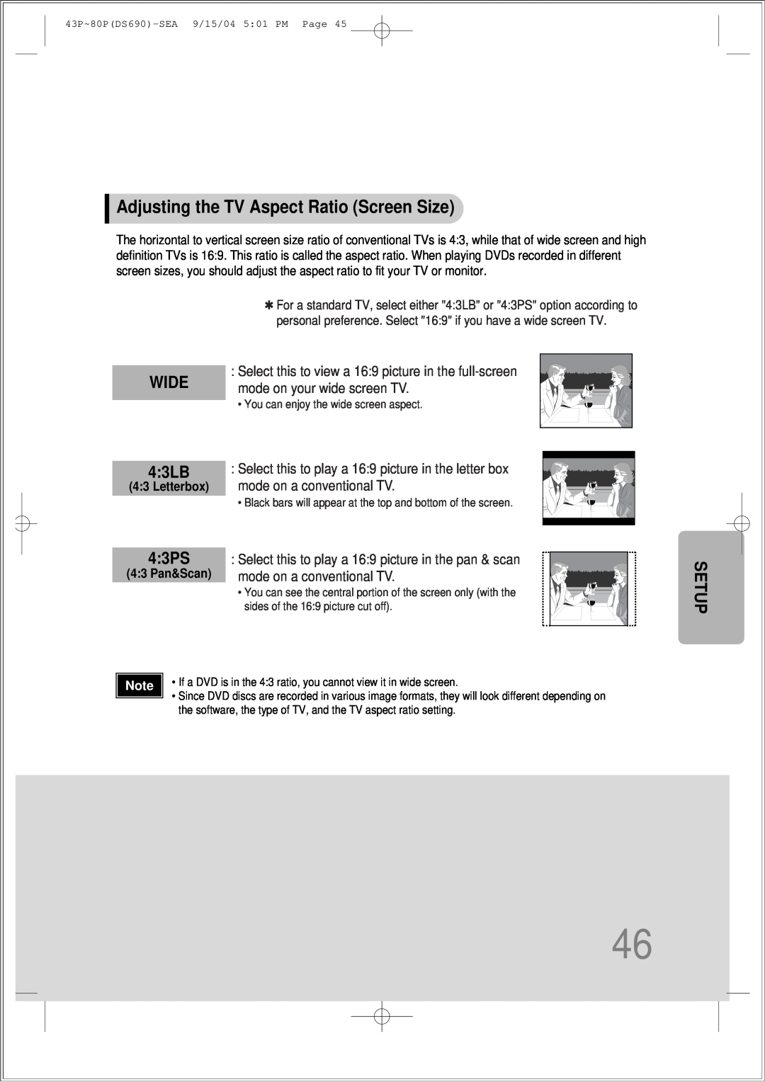 Samsung HT-DS690 instruction manual Adjusting the TV Aspect Ratio Screen Size, WIDE 4:3LB, 4:3PS, Setup 