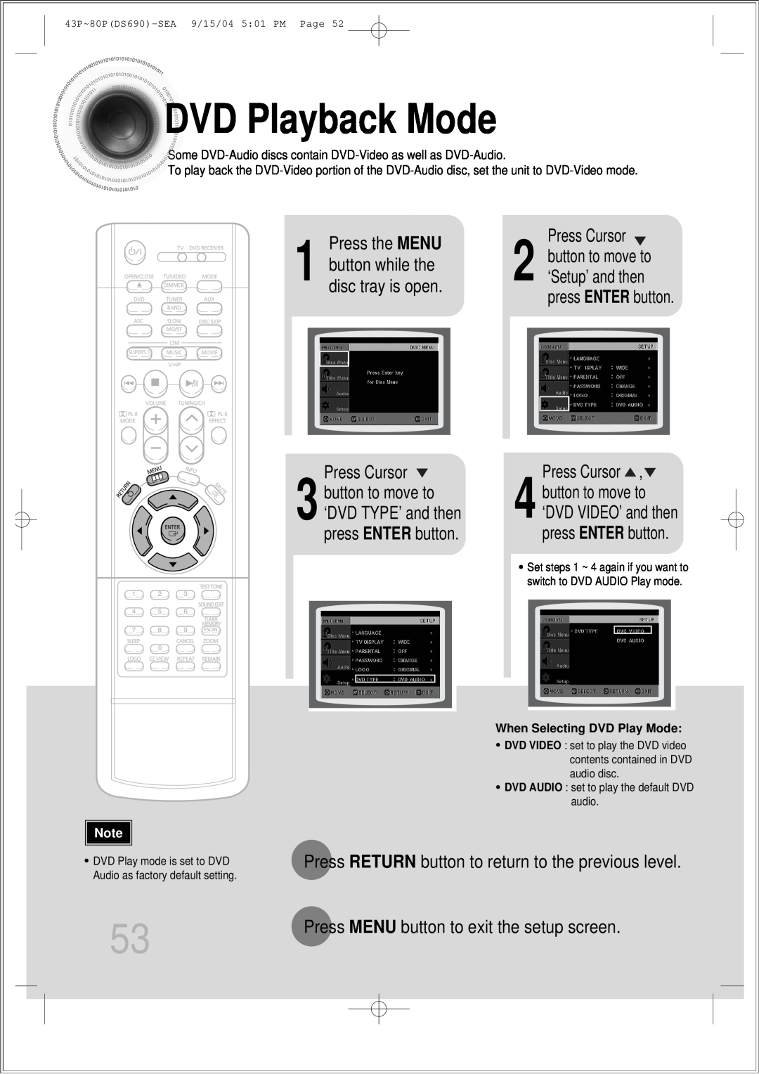 Samsung HT-DS690 DVDPlayback Mode, Press the MENU, press ENTER button, Press MENU button to exit the setup screen 