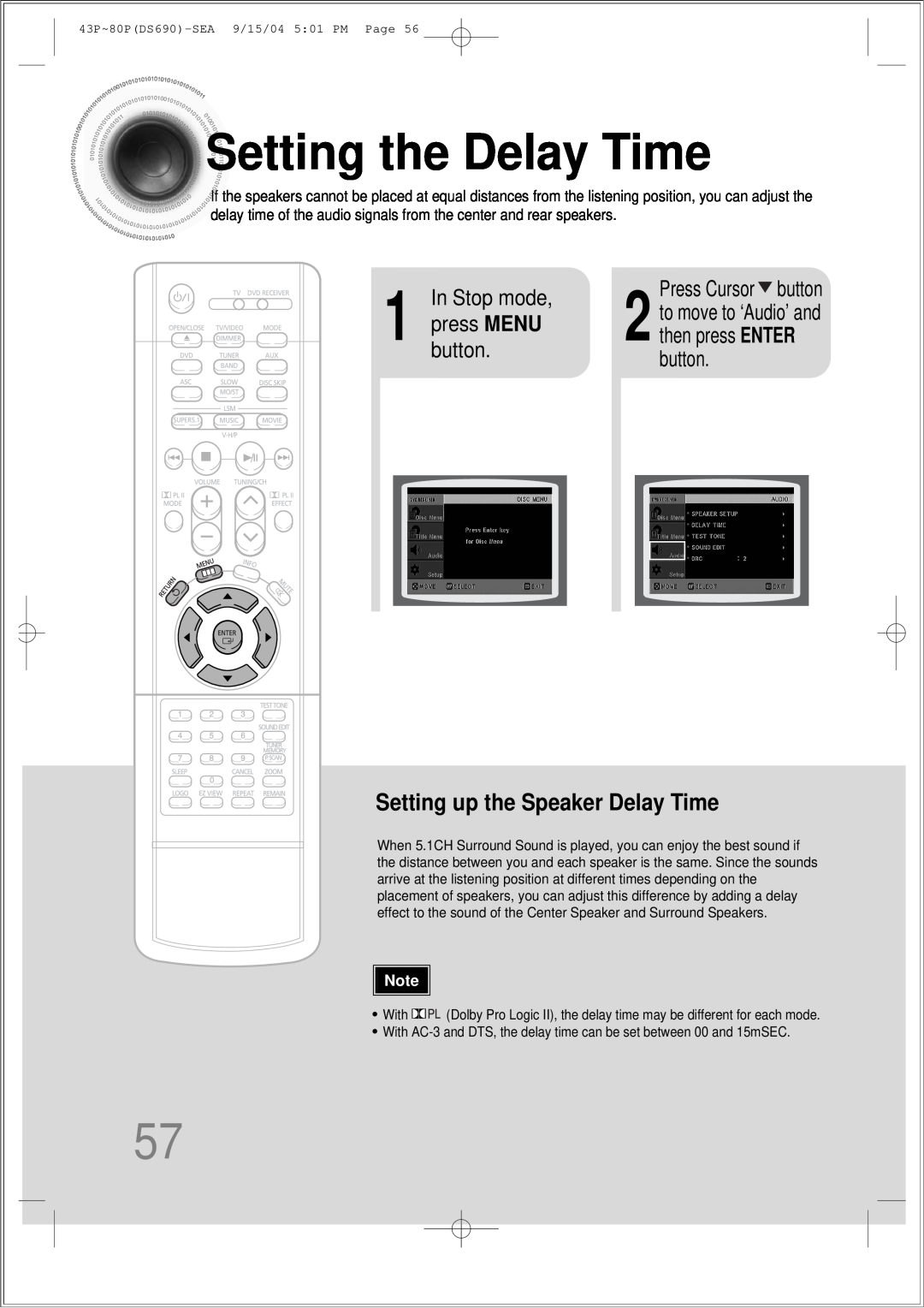 Samsung HT-DS690 Settingthe Delay Time, Setting up the Speaker Delay Time, In Stop mode, Press Cursor button 