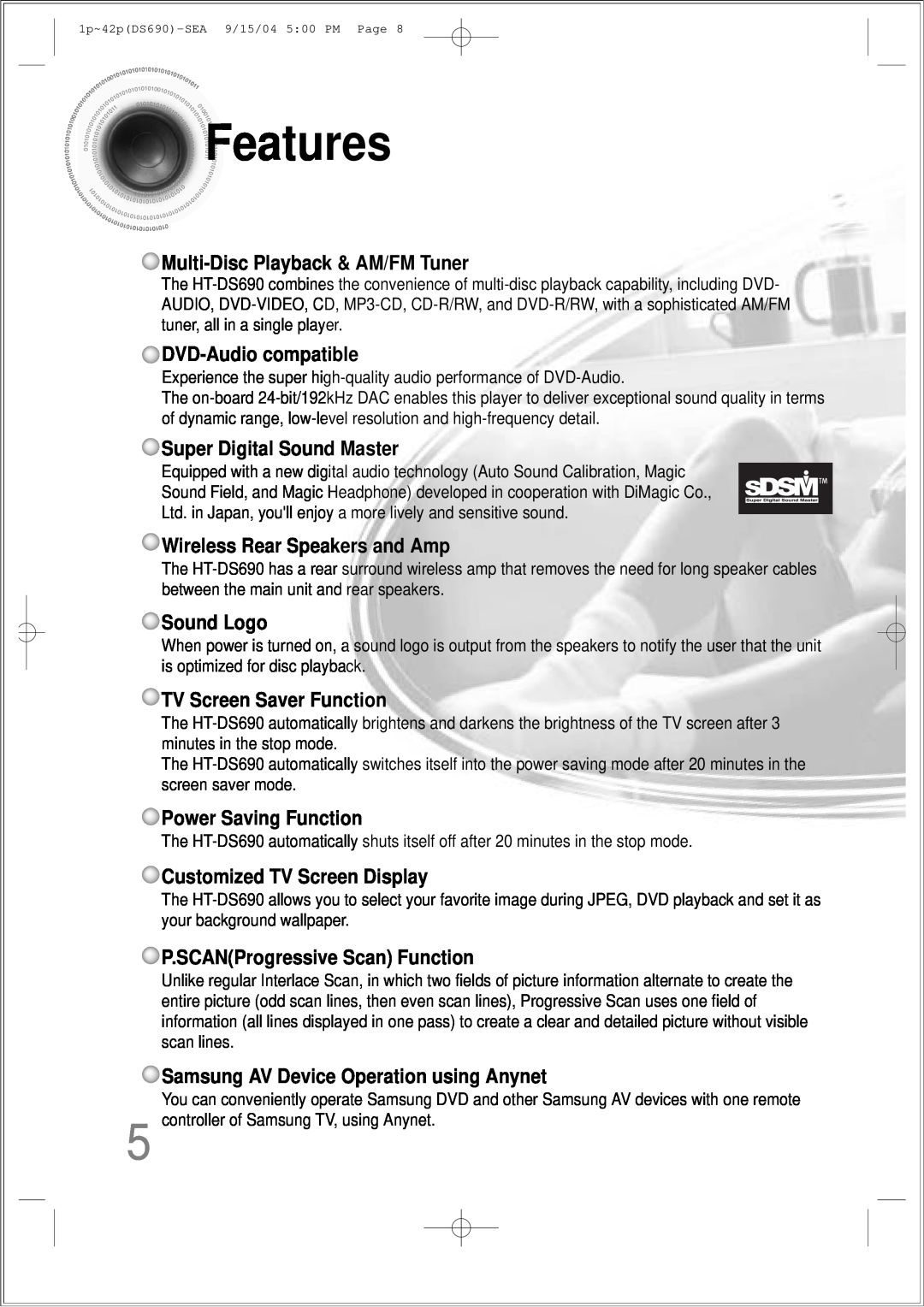 Samsung HT-DS690 instruction manual Features 