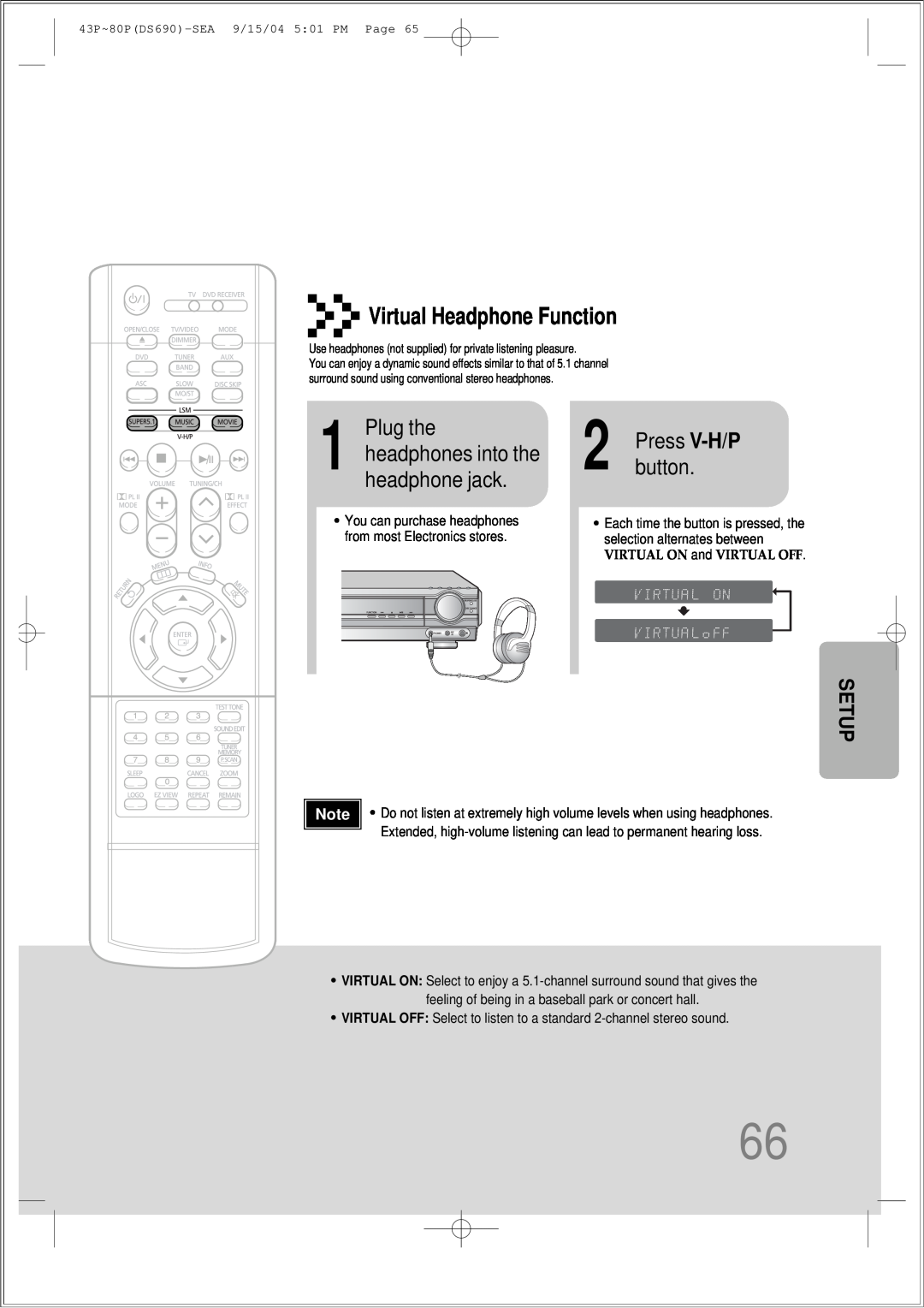 Samsung HT-DS690 Virtual Headphone Function, Plug the, button, headphones into the headphone jack, Press V-H/P, Setup 