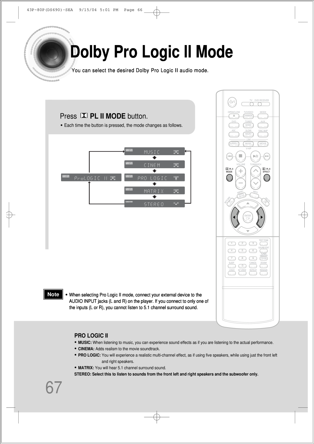 Samsung HT-DS690 instruction manual DolbyPro Logic II Mode, Press PL II MODE button 