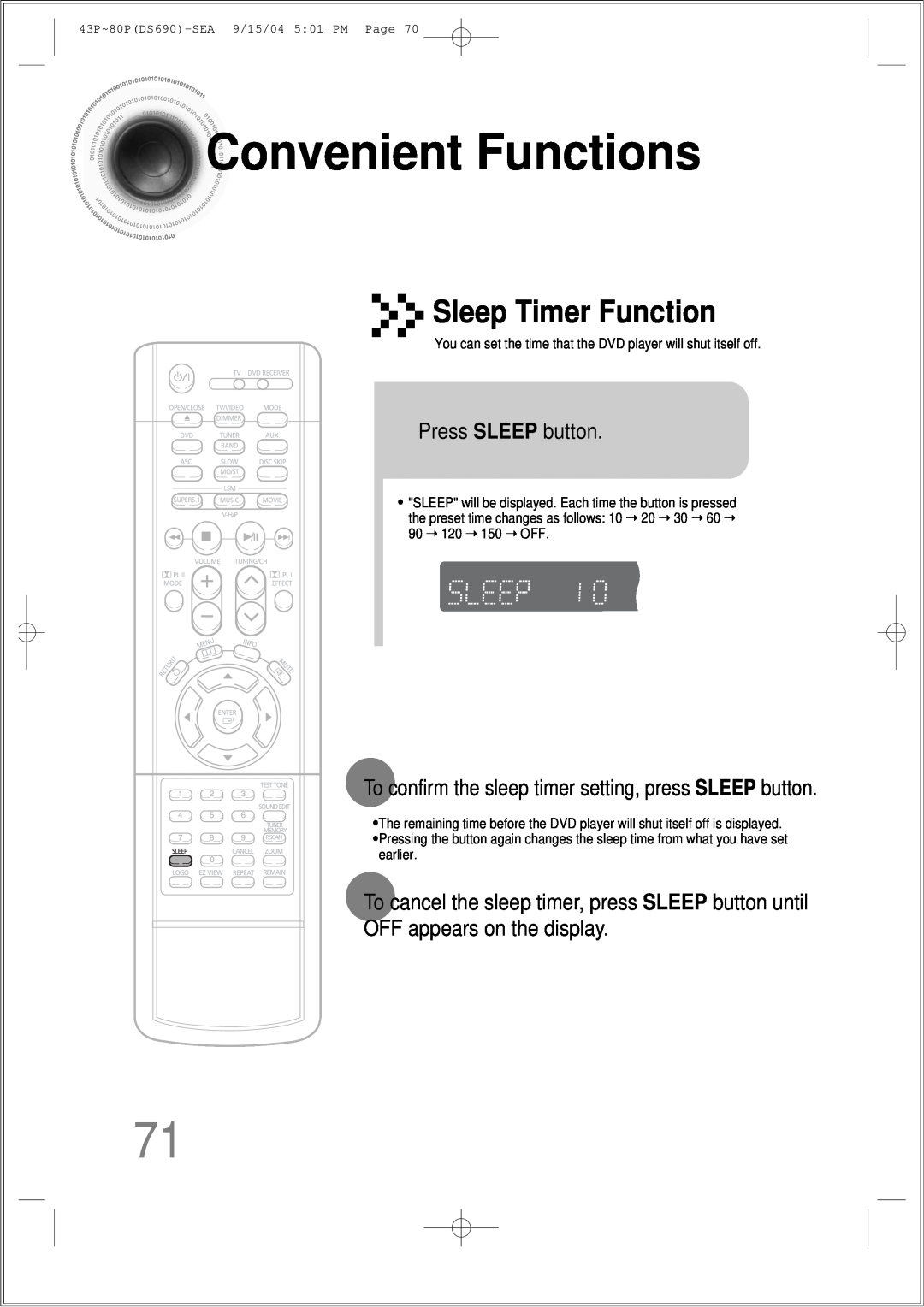Samsung HT-DS690 ConvenientFunctions, Sleep Timer Function, Press SLEEP button, OFF appears on the display 