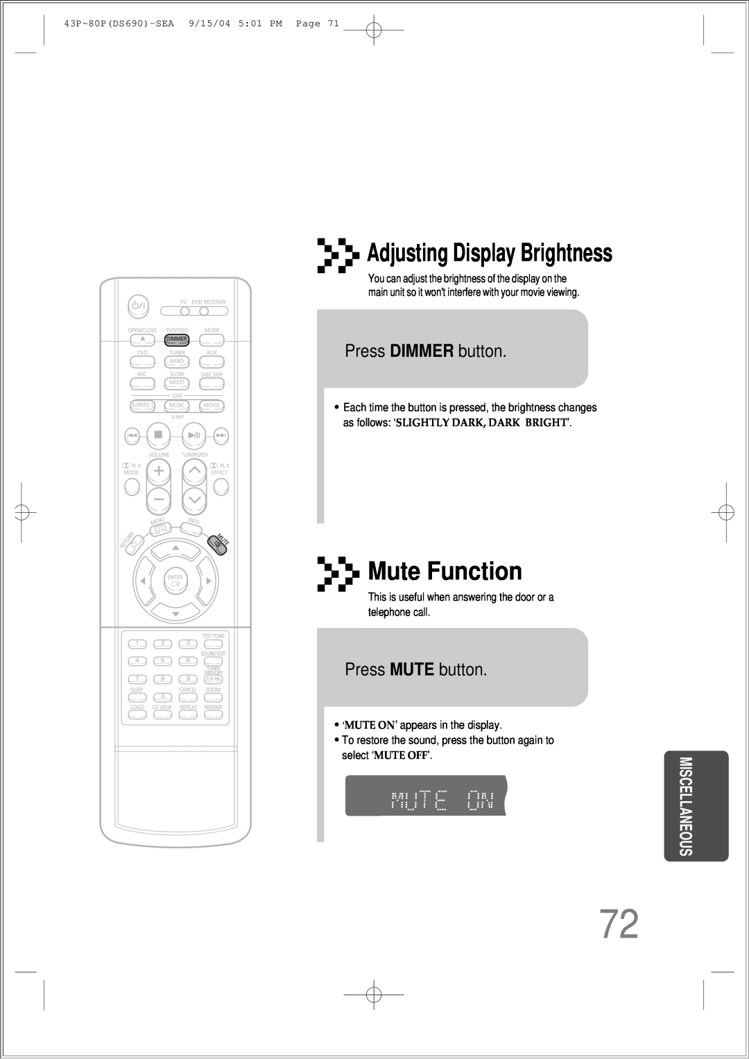 Samsung HT-DS690 Adjusting Display Brightness, Mute Function, Press DIMMER button, Press MUTE button, Miscellaneous 