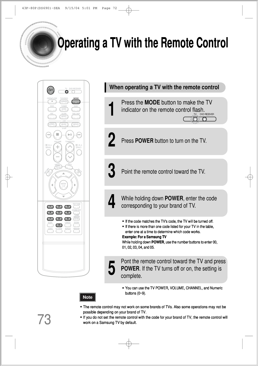 Samsung HT-DS690 instruction manual Operatinga TV with the Remote Control, When operating a TV with the remote control 