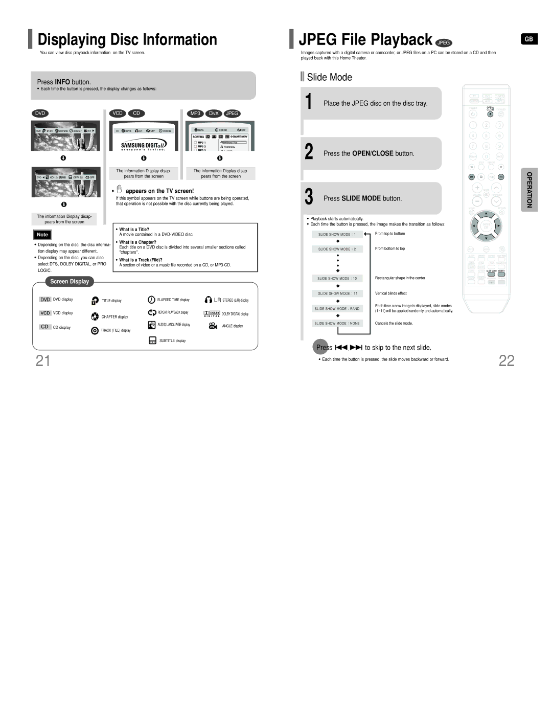 Samsung HT-DT79 instruction manual Jpeg File Playback Jpeg, Displaying Disc Information, Slide Mode, Operation 