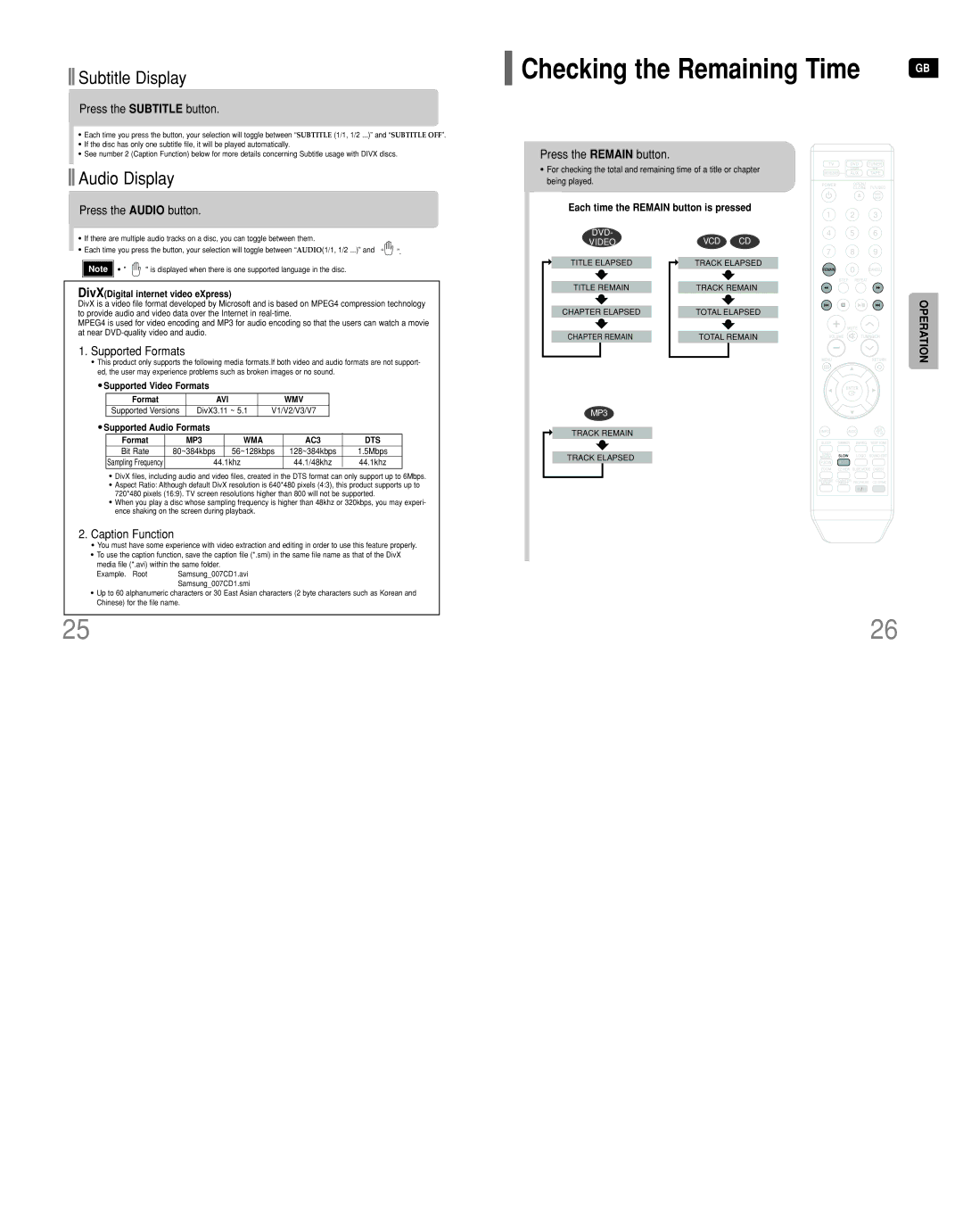 Samsung HT-DT79 instruction manual Checking the Remaining Time, Subtitle Display, Audio Display 