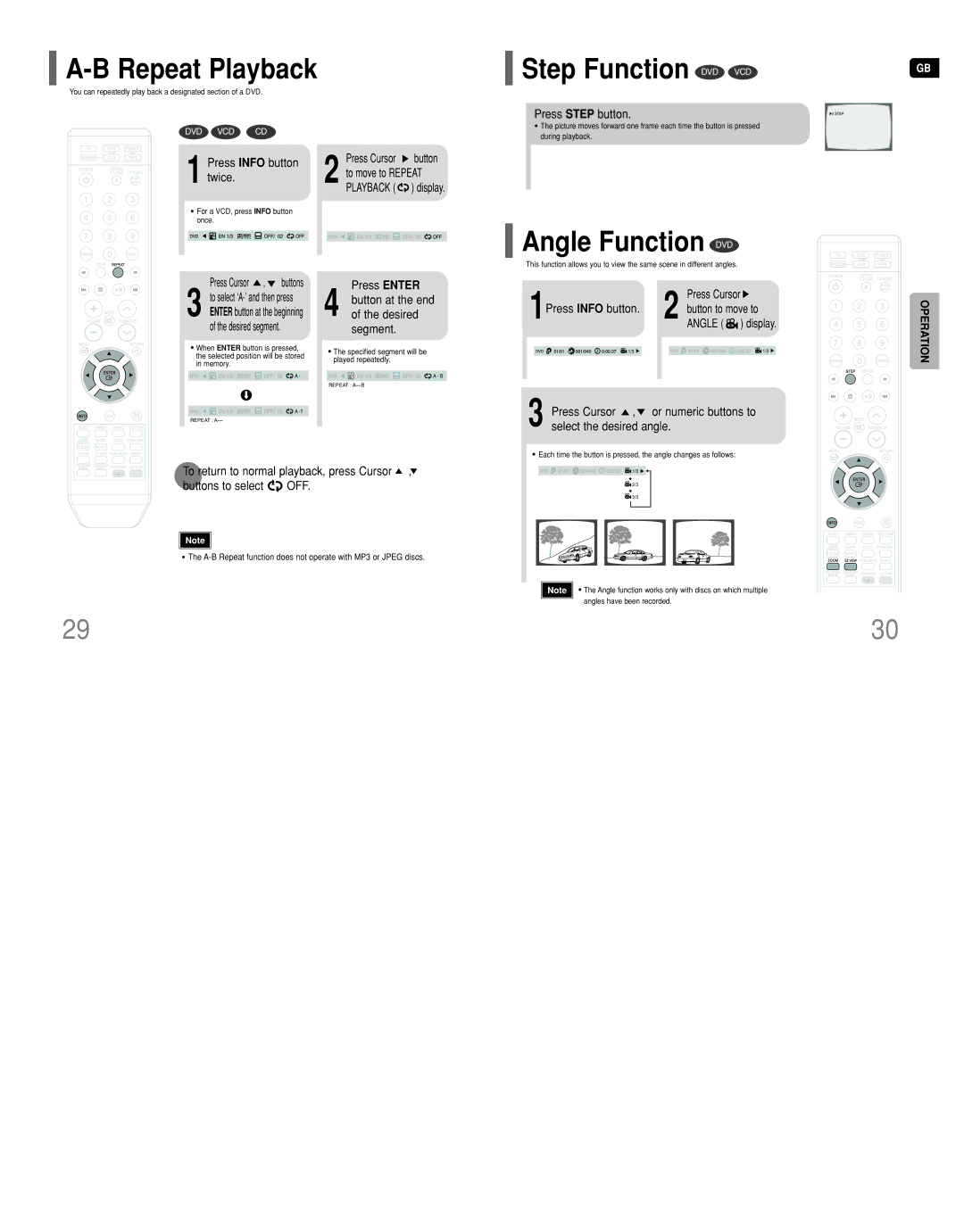 Samsung HT-DT79 instruction manual Repeat Playback, Step Function DVD VCD, Angle Function DVD 