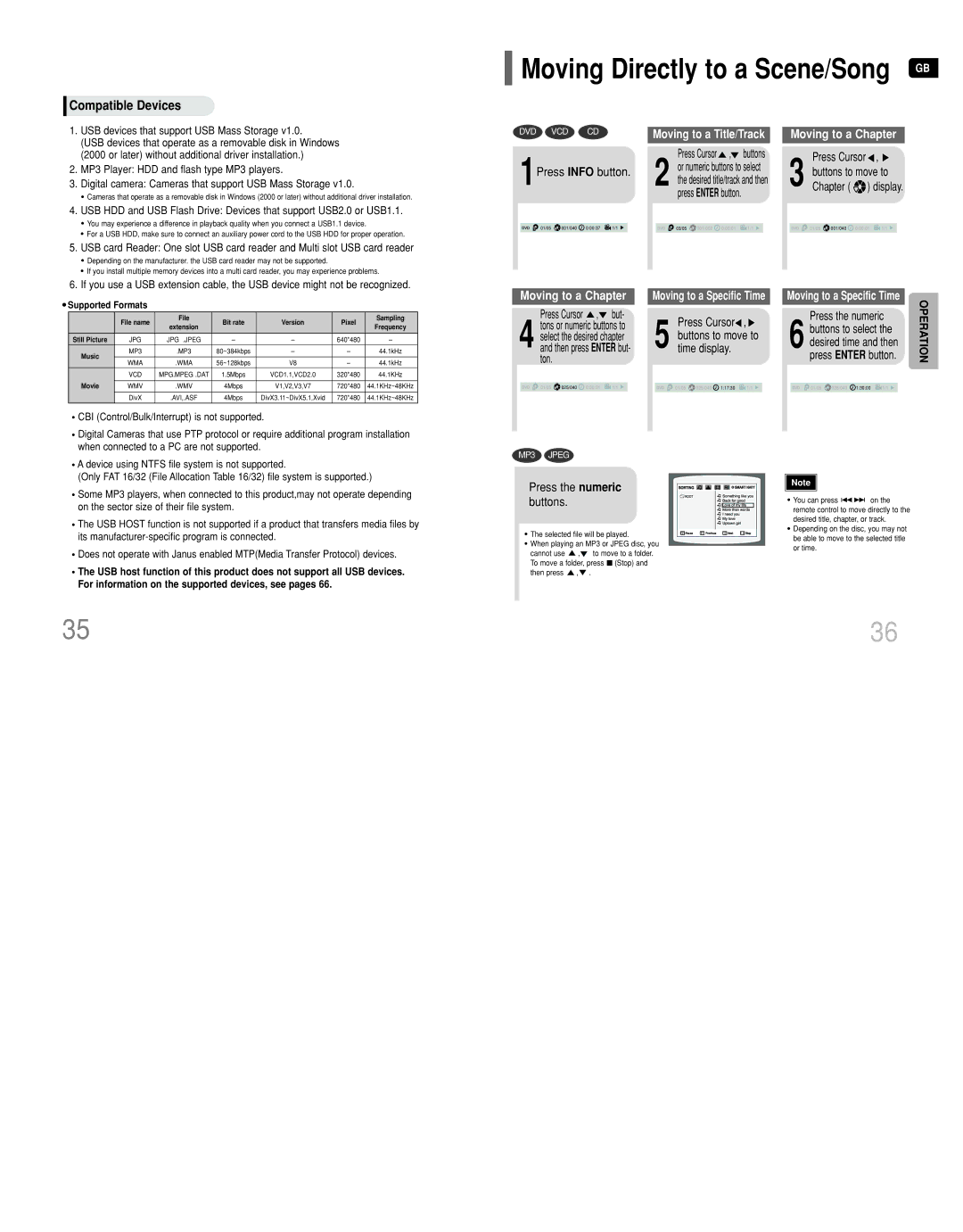 Samsung HT-DT79 Moving Directly to a Scene/Song, 1Press Info button, Press the numeric buttons, Supported Formats 