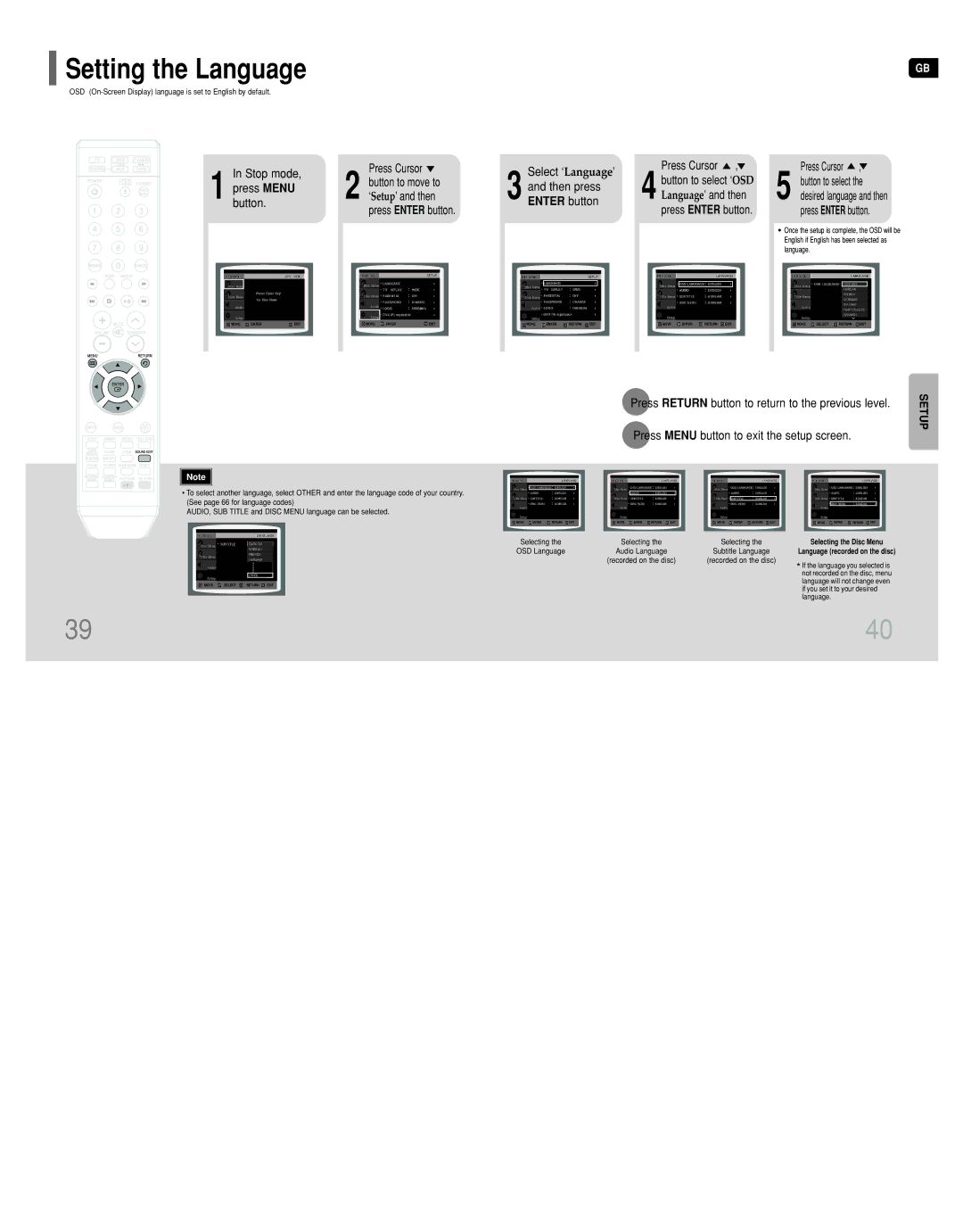 Samsung HT-DT79 instruction manual Setting the Language, Enter button 