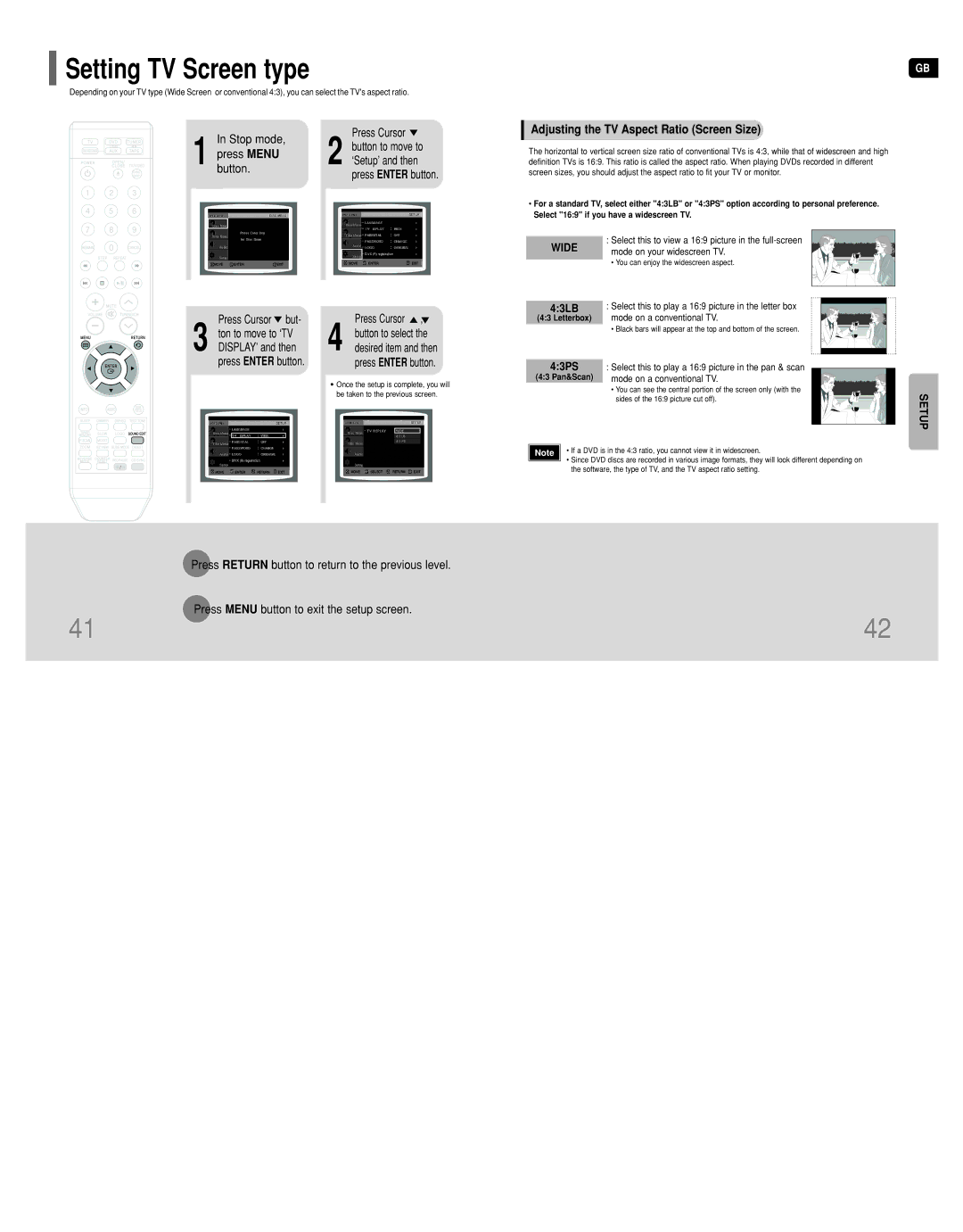 Samsung HT-DT79 instruction manual Adjusting the TV Aspect Ratio Screen Size, Press Cursor, Button to select 