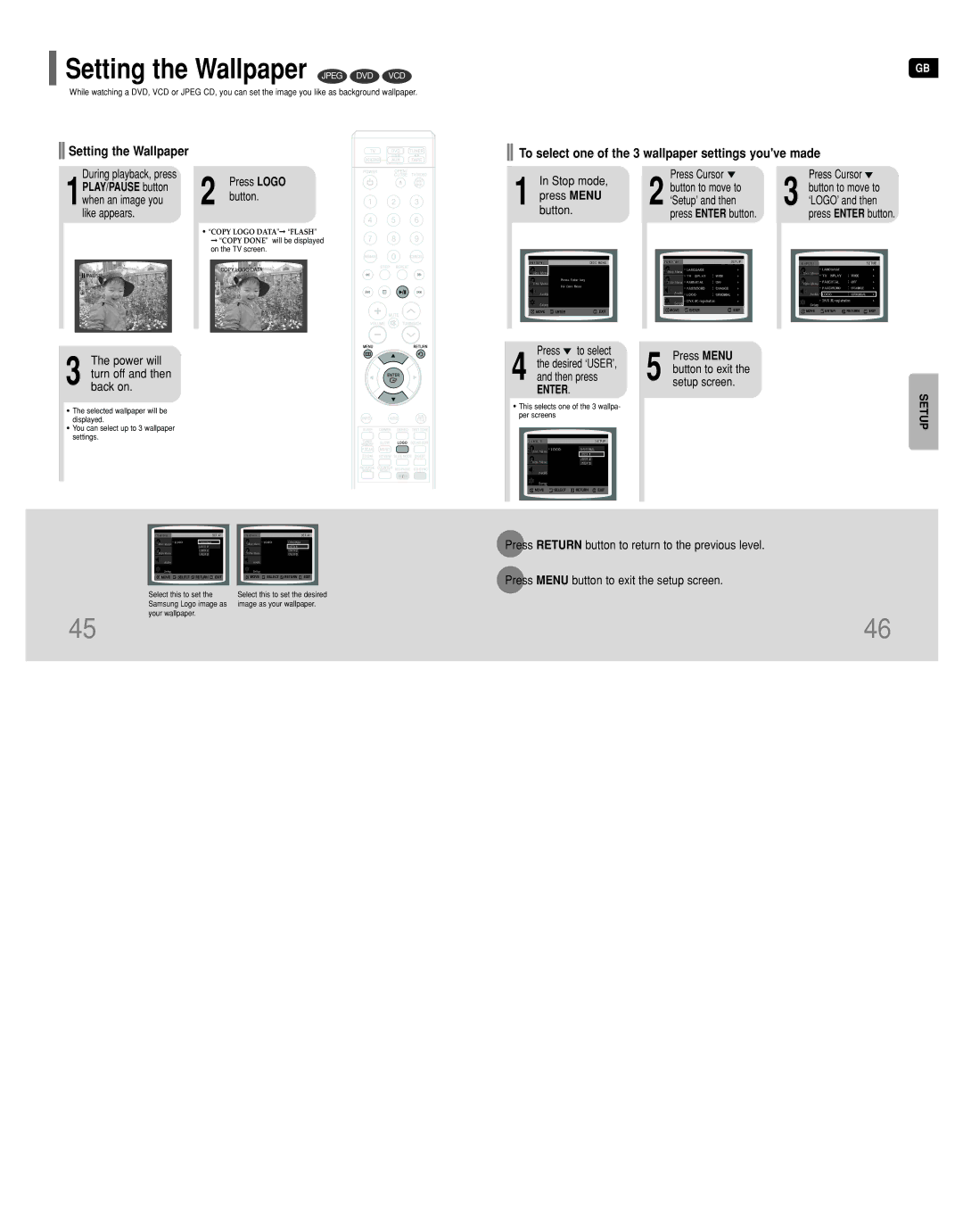 Samsung HT-DT79 Setting the Wallpaper Jpeg DVD VCD, Power will Turn off and then back on, Press Logo button 