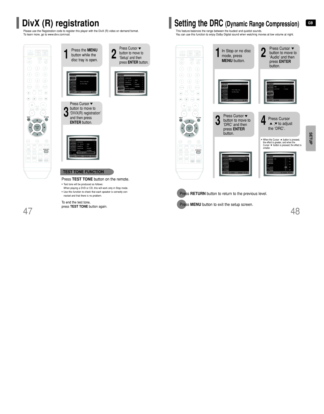 Samsung HT-DT79 instruction manual DivX R registration, Setup Test Tone Function 