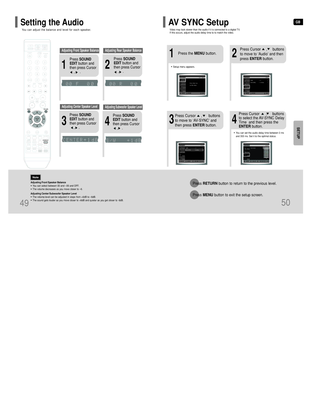 Samsung HT-DT79 instruction manual AV Sync Setup, Setting the Audio 