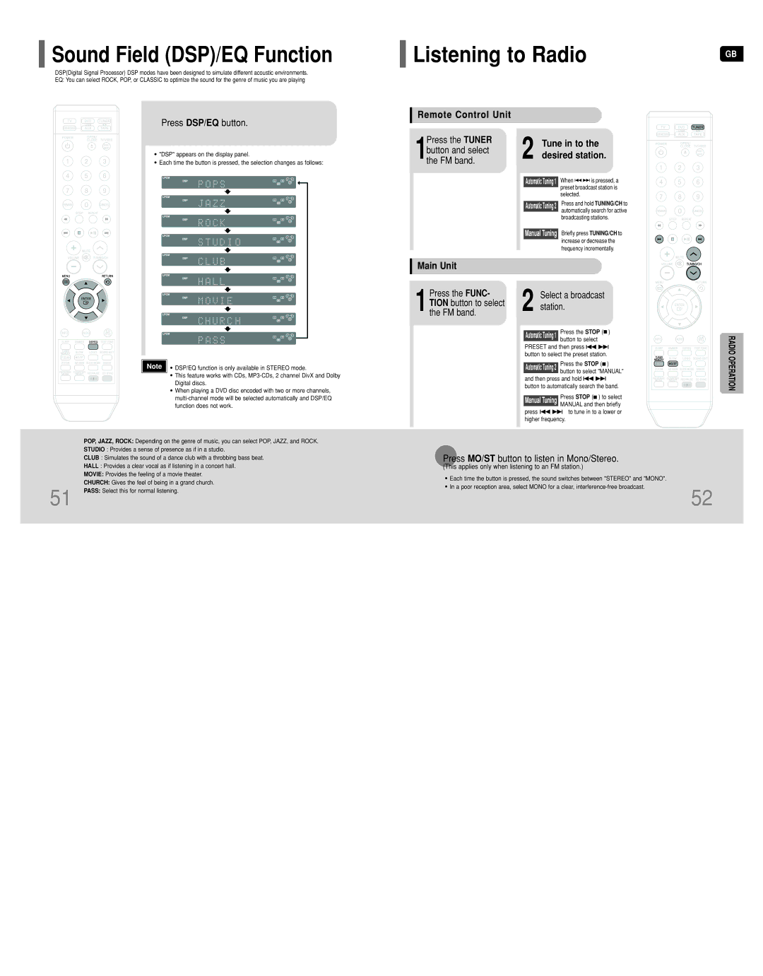 Samsung HT-DT79 instruction manual Listening to Radio, Sound Field DSP/EQ Function, Radio Operation 