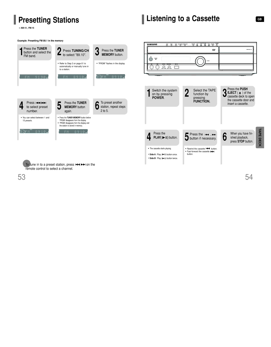 Samsung HT-DT79 instruction manual Presetting Stations, Listening to a Cassette, Power, Function, Deck 