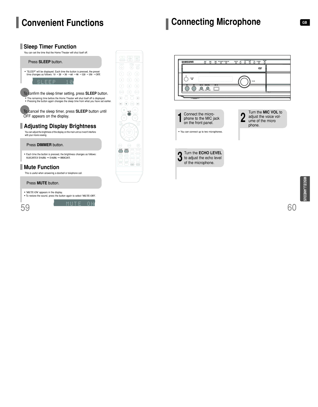 Samsung HT-DT79 instruction manual Convenient Functions, Connecting Microphone, Turn the Echo Level 