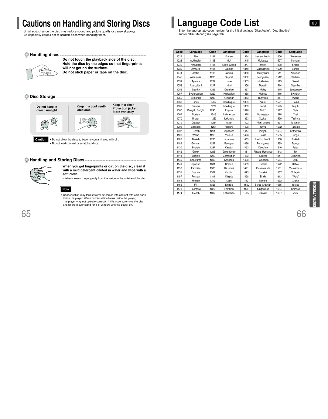 Samsung HT-DT79 instruction manual Language Code List, Handling discs 