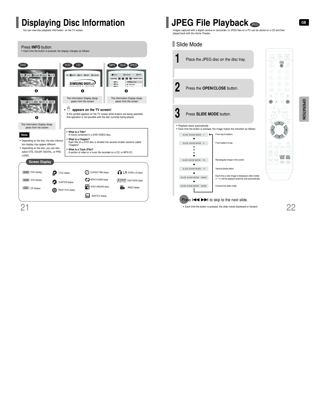 Samsung HT-DT79 JPEG File Playback JPEG, Displaying Disc Information, Slide Mode, Press INFO button, Operation 