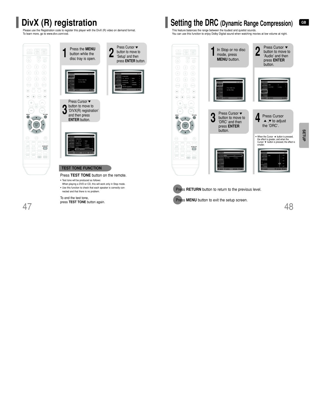 Samsung HT-DT79 DivX R registration, In Stop or no disc, mode, press, MENU button, Press Cursor to adjust the ‘DRC’, Setup 