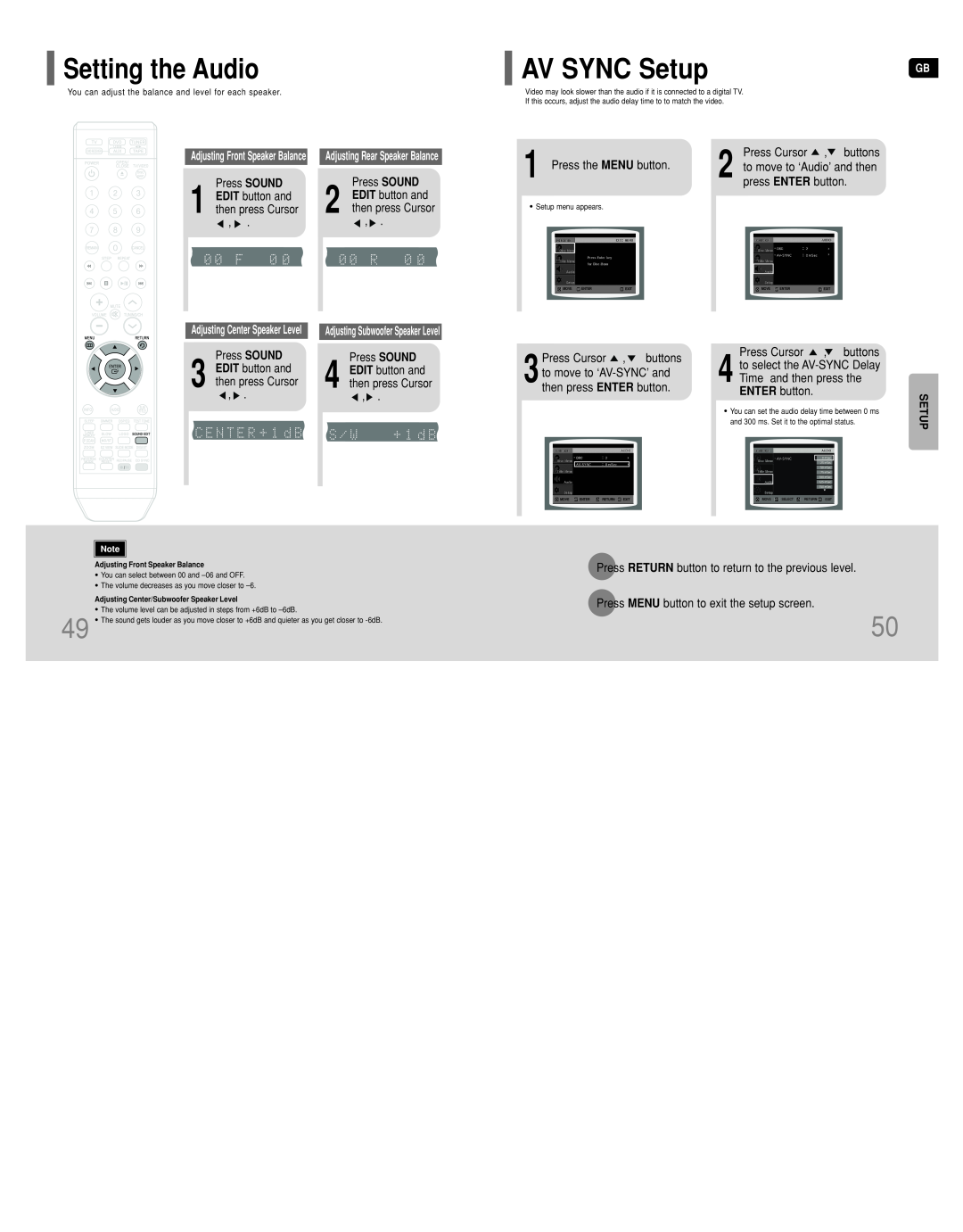 Samsung HT-DT79 instruction manual AV SYNC Setup, Setting the Audio 
