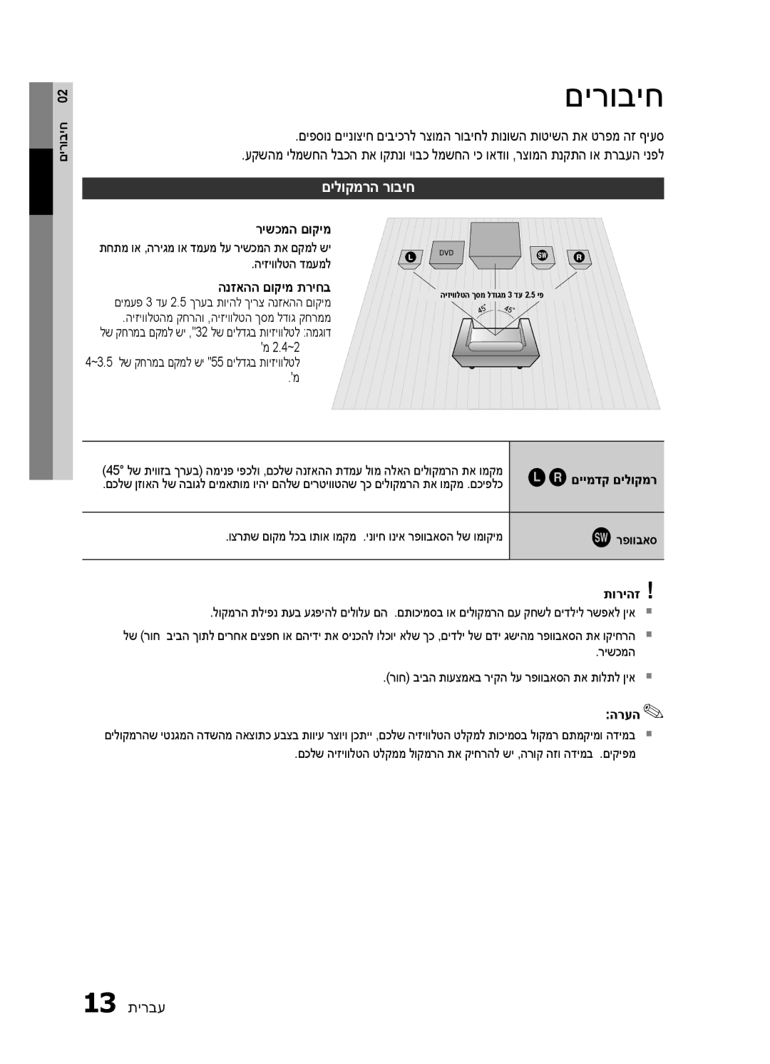 Samsung HT-E320/SQ manual םירוביח, םילוקמרה רוביח, רישכמה םוקימ, הנזאהה םוקימ תריחב, Eiםיימדק םילוקמר Gרפוובאס תוריהז 