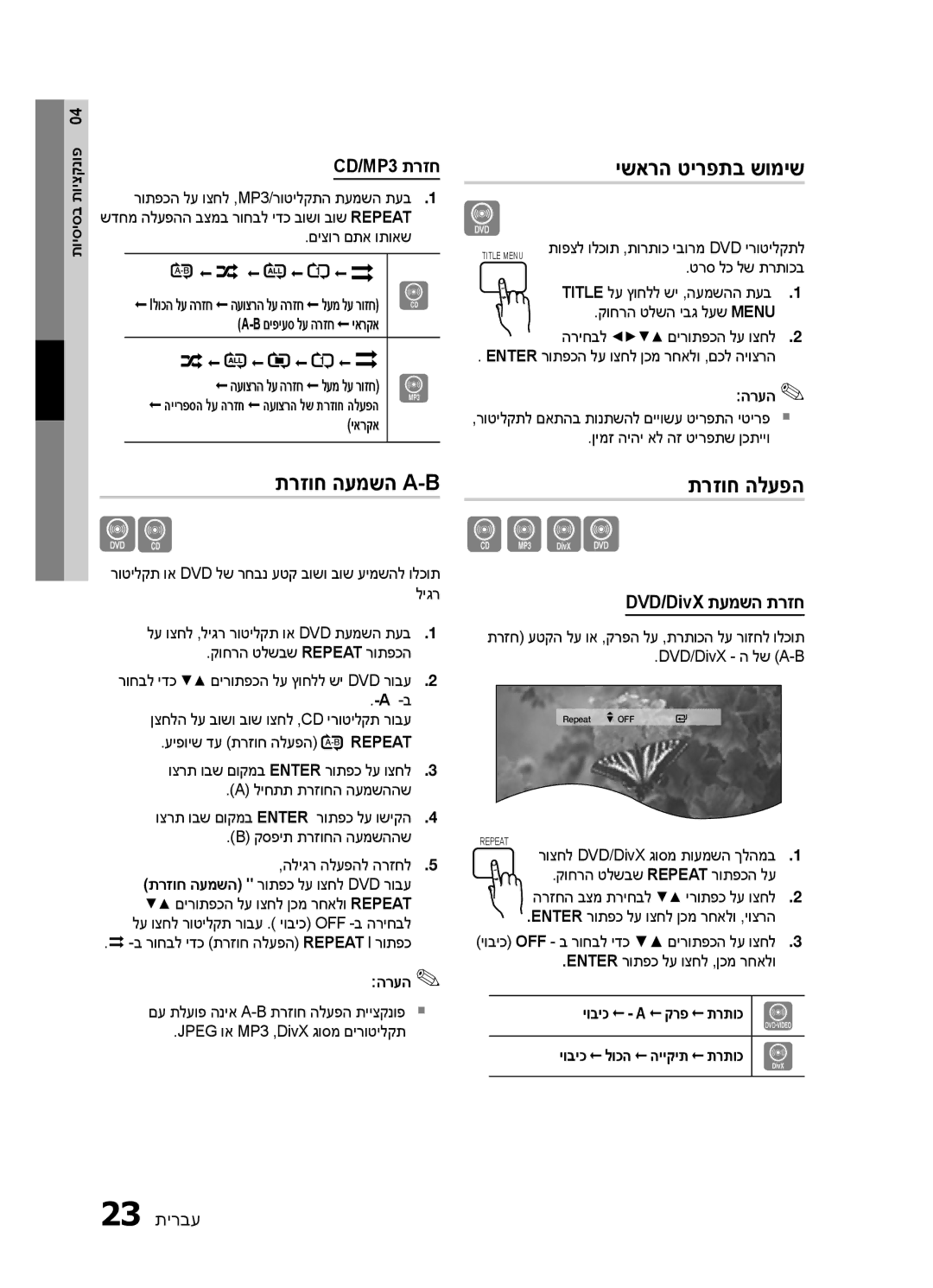 Samsung HT-E320/SQ manual ישארה טירפתב שומיש, תרזוח העמשה A-B, תרזוח הלעפה, CD/MP3 תרזח, DVD/DivX תעמשה תרזח 