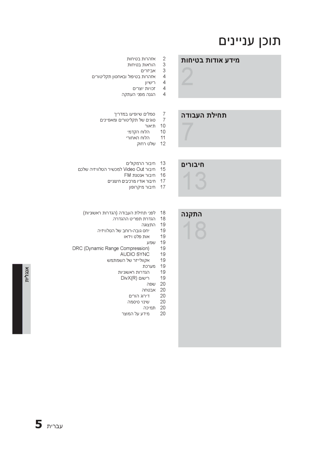 Samsung HT-E320/SQ manual םיניינע ןכות, תוחיטב תודוא עדימ הדובעה תליחת םירוביח הנקתה 