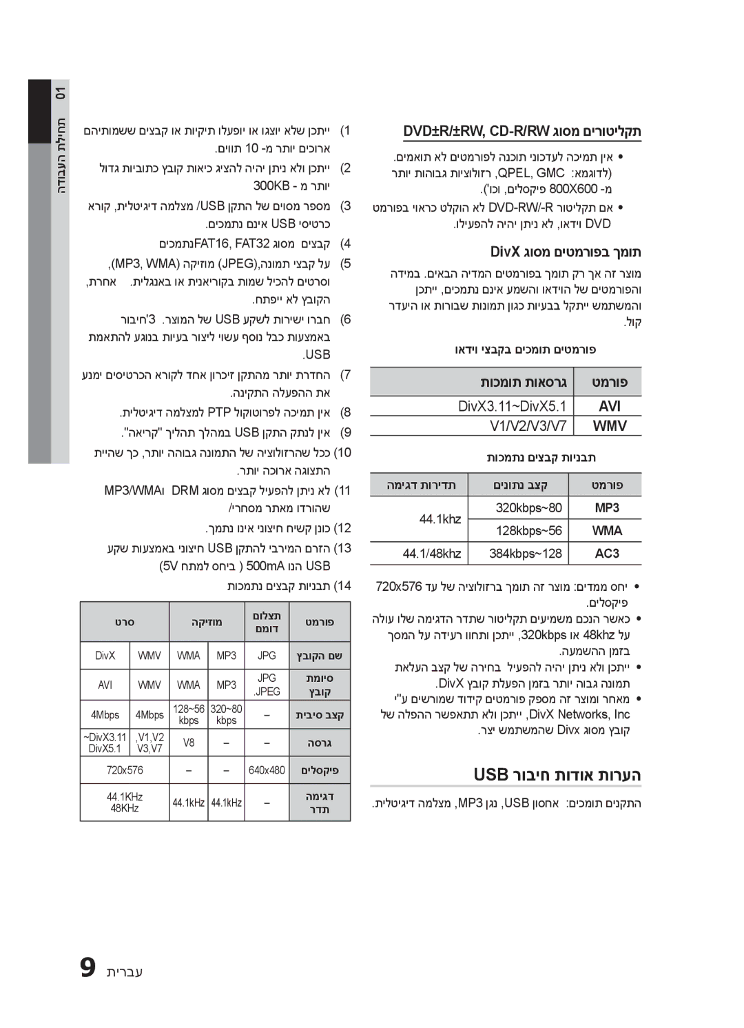 Samsung HT-E320/SQ Usb רוביח תודוא תורעה, Dvd±R/±Rw, Cd-R/Rw גוסמ םירוטילקת, DivX גוסמ םיטמרופב ךמות, תוכמות תואסרג טמרופ 