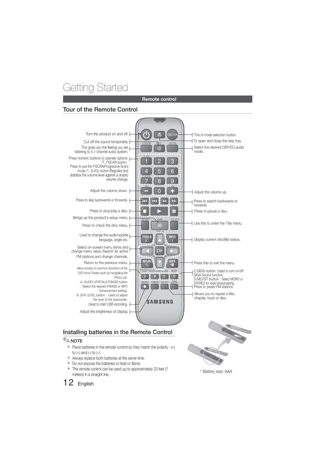 Samsung HT-E320/SQ manual Tour of the Remote Control, Installing batteries in the Remote Control, Remote control 