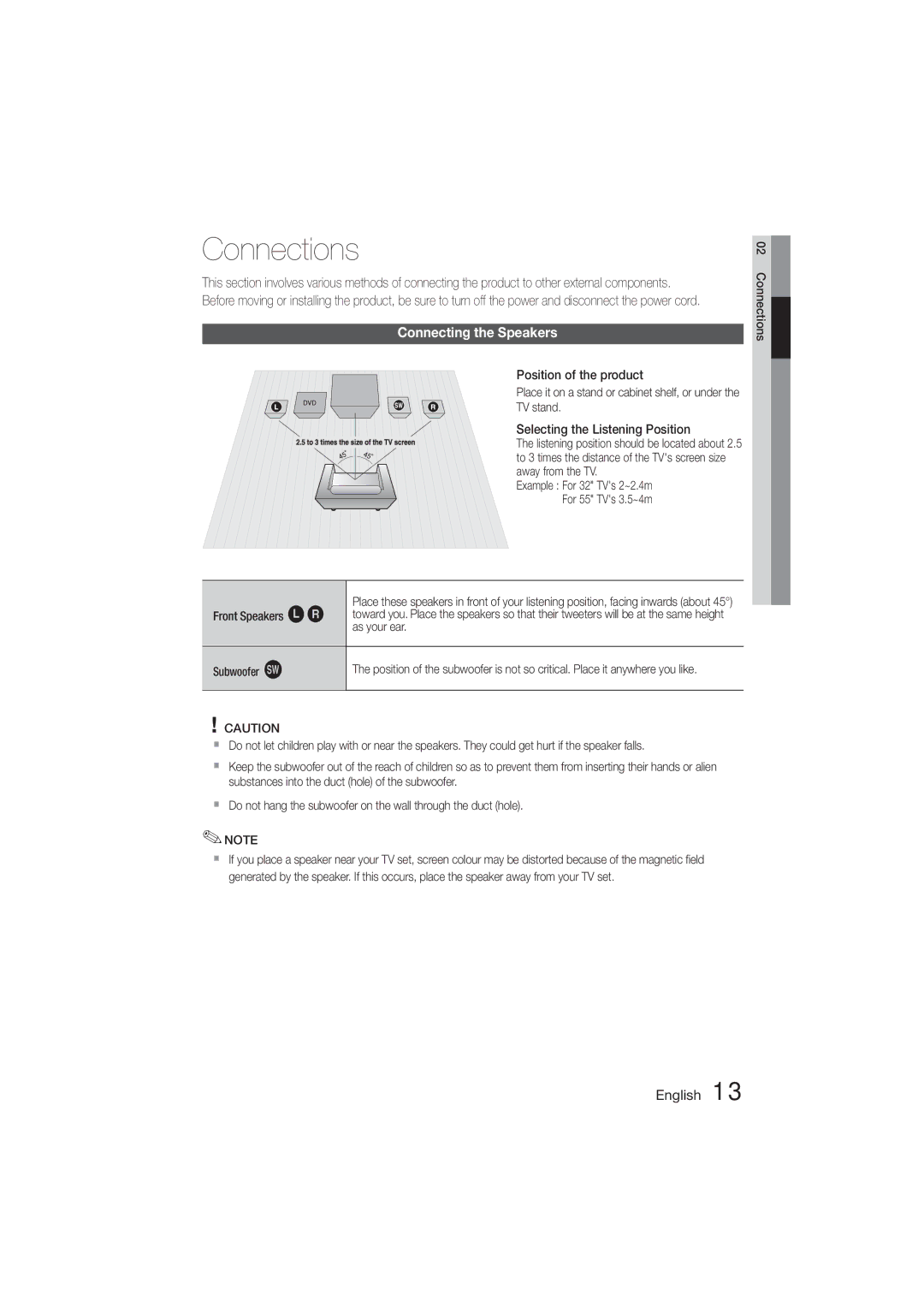 Samsung HT-E320/SQ manual Connections, Connecting the Speakers 