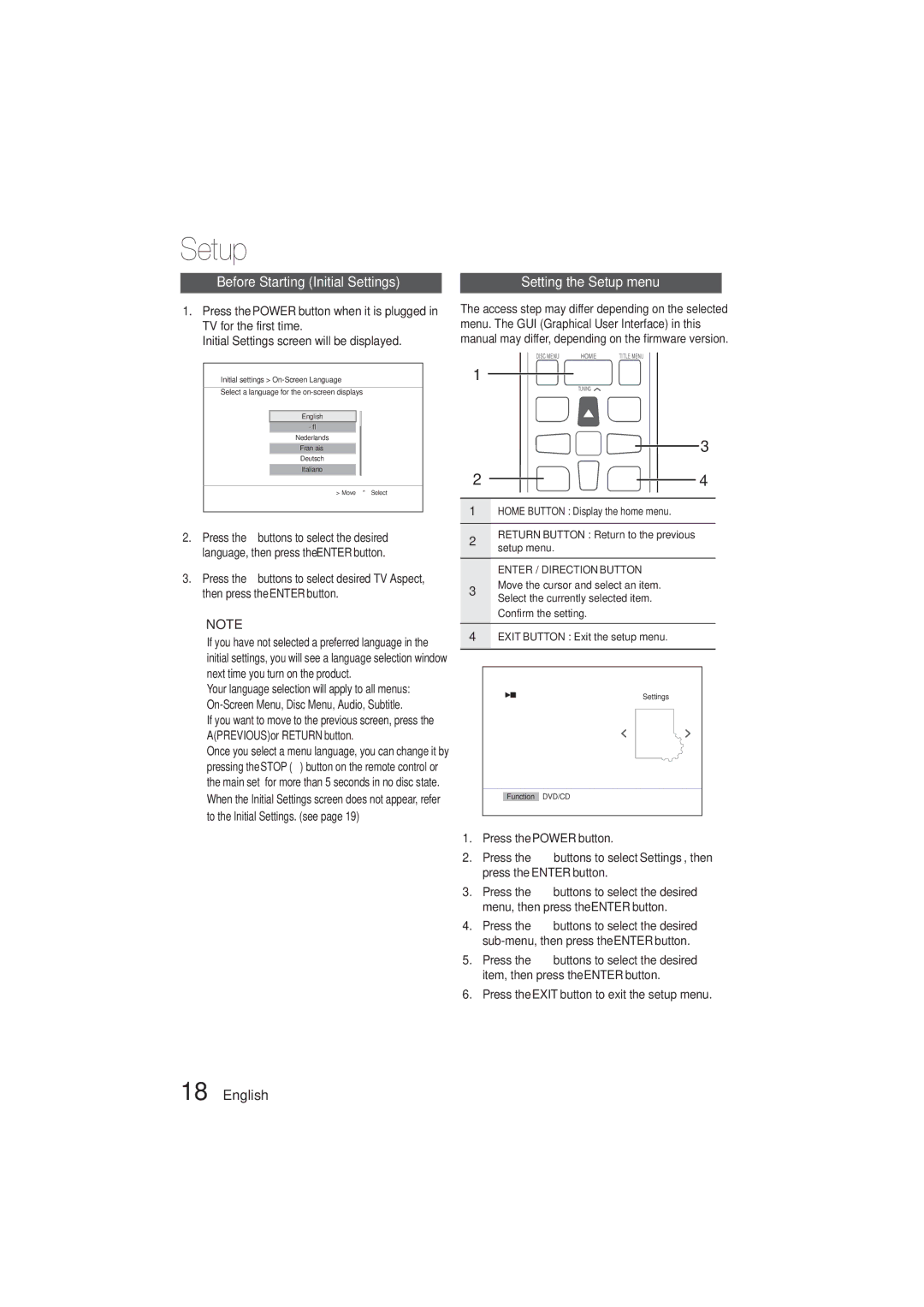 Samsung HT-E320/SQ manual Before Starting Initial Settings, Setting the Setup menu 