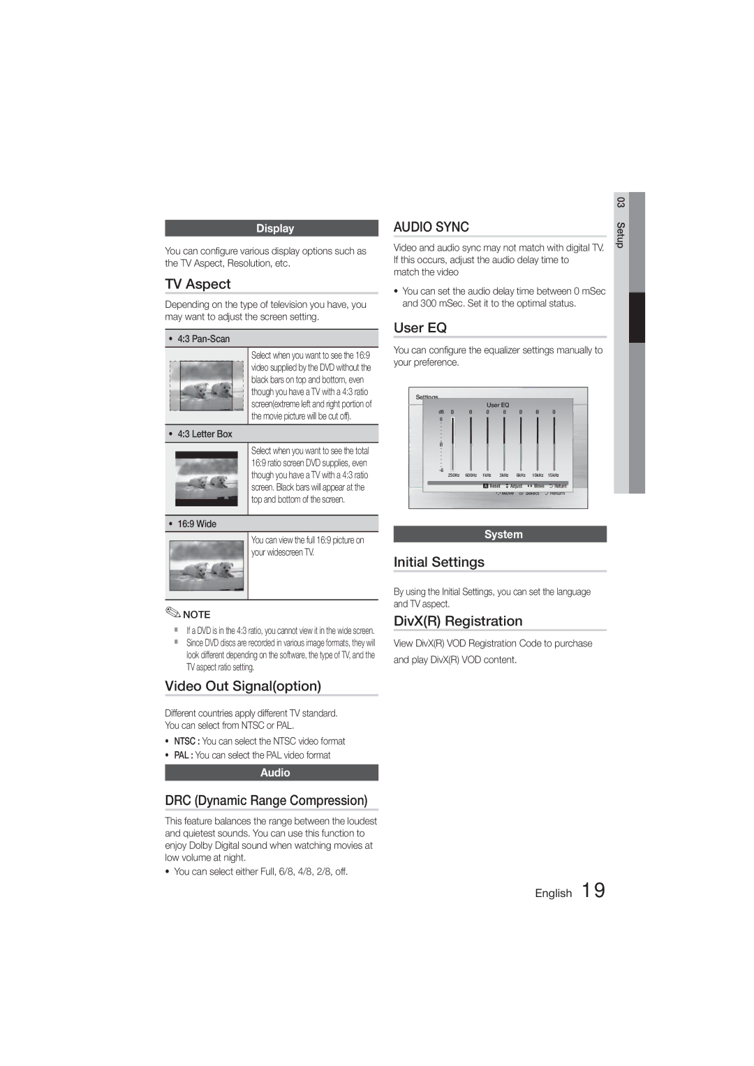 Samsung HT-E320/SQ manual TV Aspect, Video Out Signaloption, User EQ, Initial Settings, DivXR Registration 