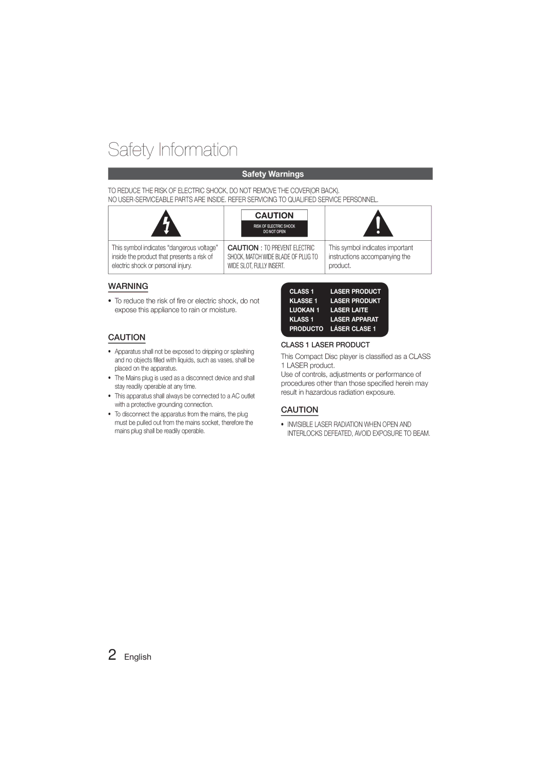 Samsung HT-E320/SQ manual Safety Information, Safety Warnings, English, Wide SLOT, Fully Insert, Class 1 Laser Product 