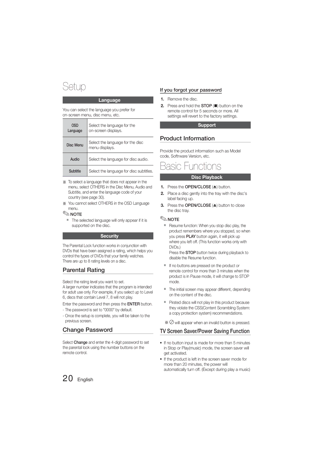 Samsung HT-E320/SQ manual Basic Functions, Product Information, TV Screen Saver/Power Saving Function 