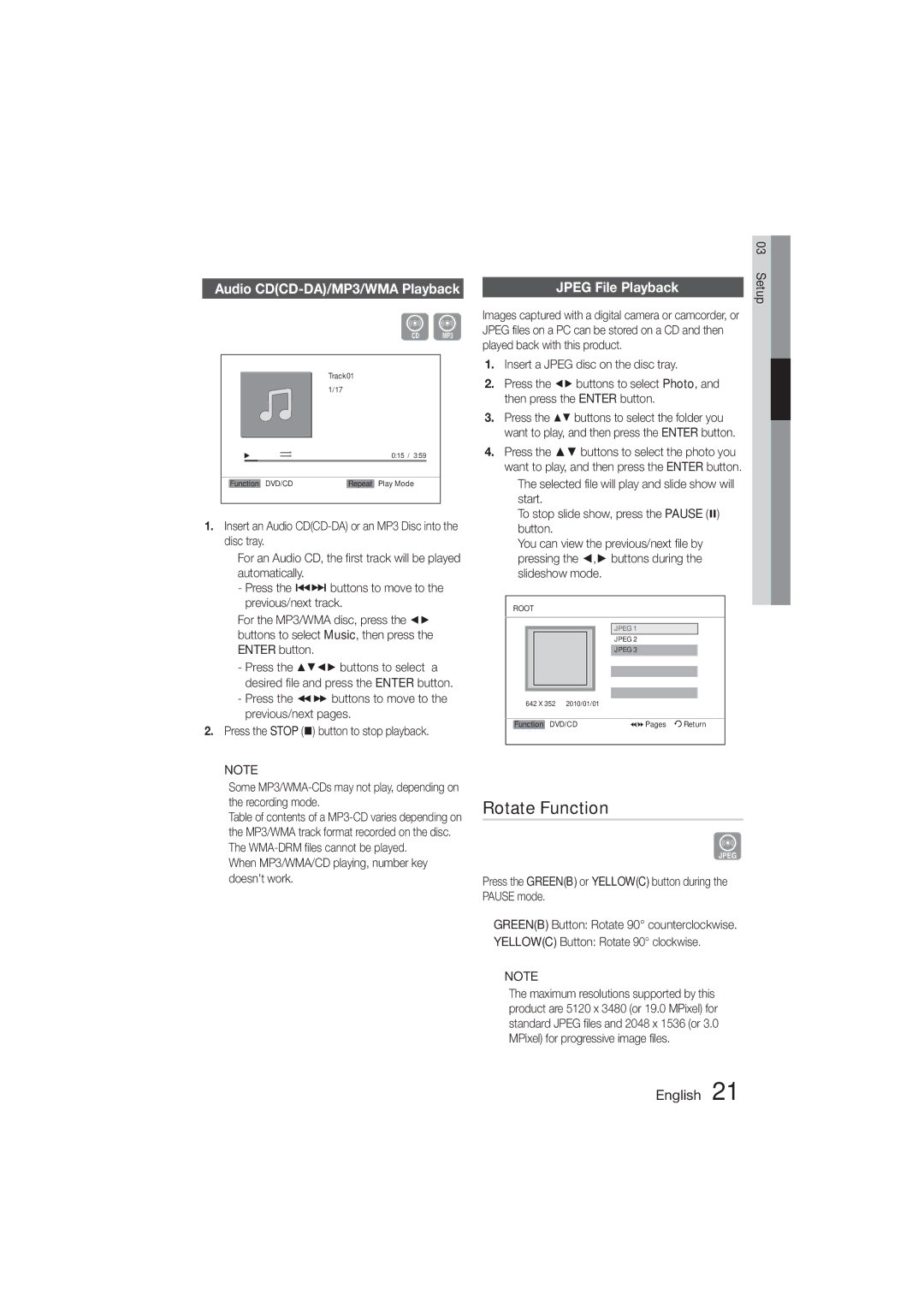 Samsung HT-E320/SQ manual Rotate Function, Audio CDCD-DA/MP3/WMA Playback, Jpeg File Playback 