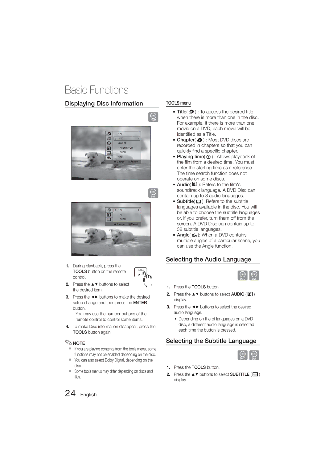 Samsung HT-E320/SQ Displaying Disc Information, Selecting the Audio Language, Selecting the Subtitle Language, Tools menu 