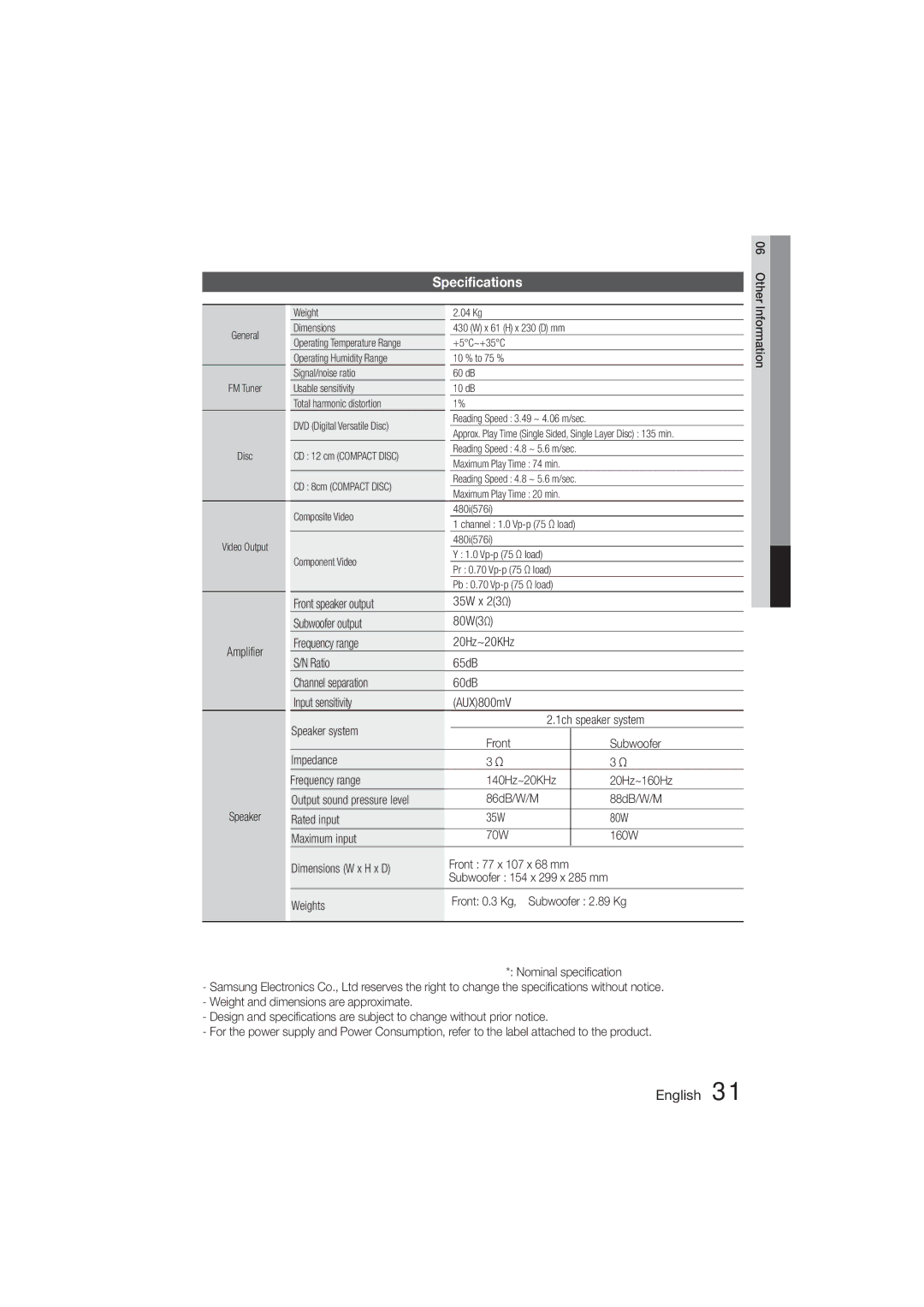 Samsung HT-E320/SQ manual Specifications, Front speaker output 35W x 23Ω Subwoofer output 80W3Ω, 86dB/W/M 88dB/W/M 