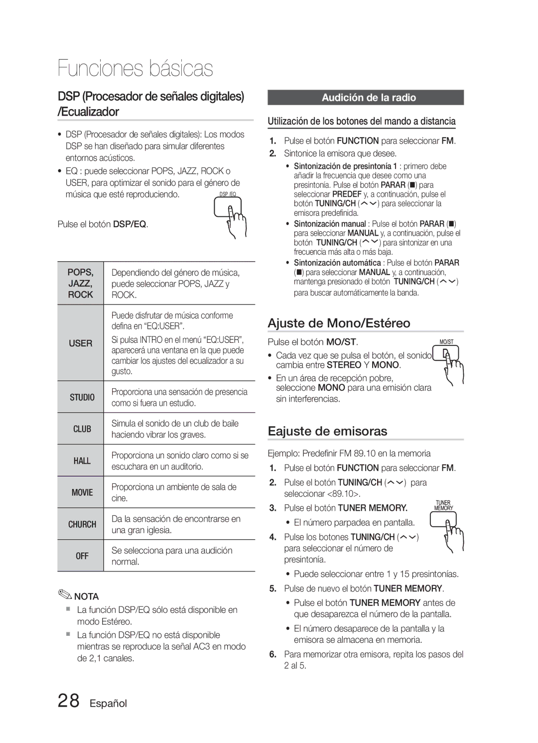 Samsung HT-E321/ZF manual DSP Procesador de señales digitales /Ecualizador, Ajuste de Mono/Estéreo, Eajuste de emisoras 