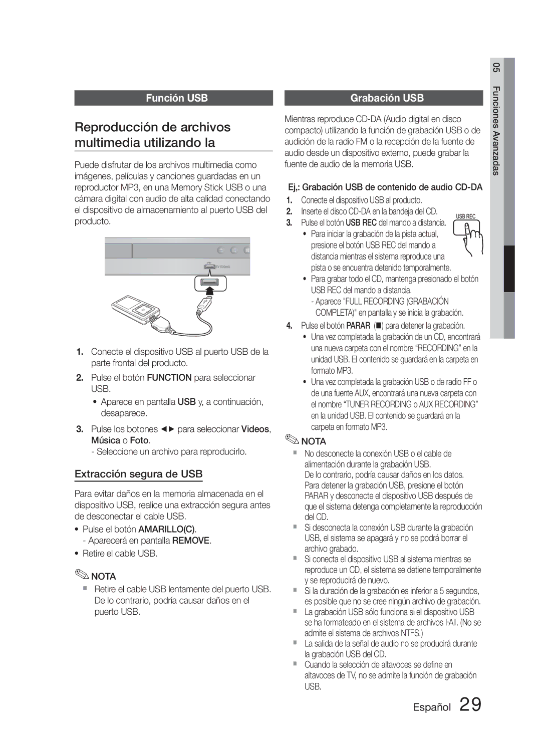 Samsung HT-E321/ZF Reproducción de archivos multimedia utilizando la, Función USB, Extracción segura de USB, Grabación USB 