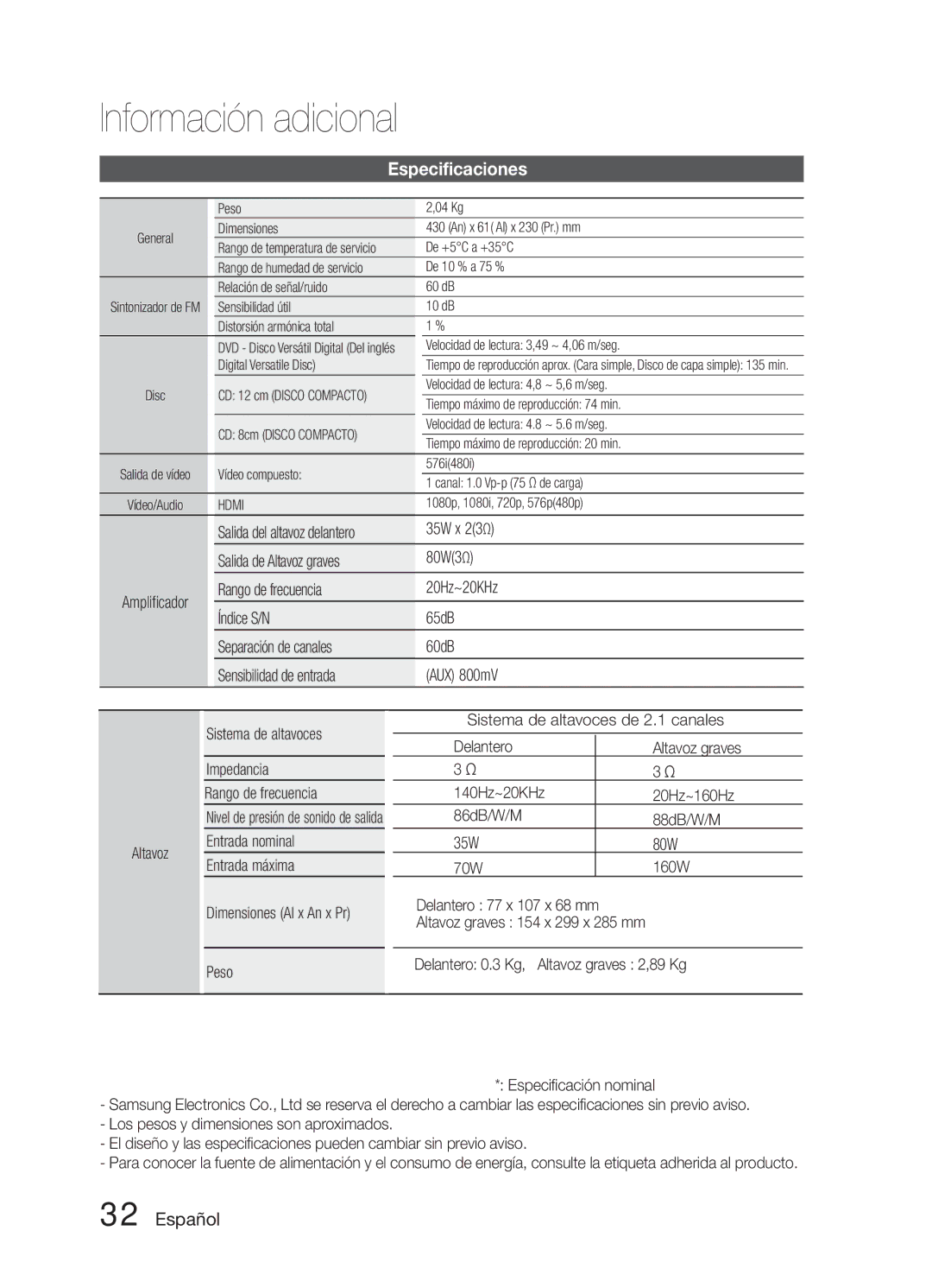 Samsung HT-E321/ZF manual Especificaciones, Entrada nominal Entrada máxima 