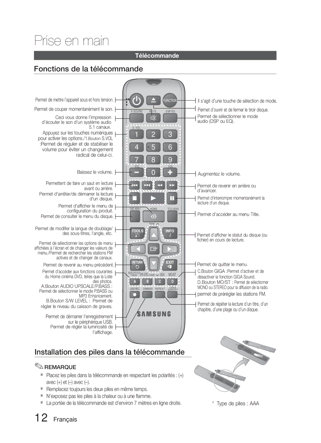 Samsung HT-E321/ZF manual Fonctions de la télécommande, Installation des piles dans la télécommande, Télécommande 