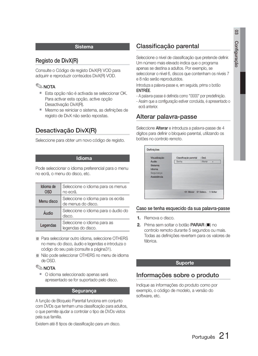 Samsung HT-E321/ZF manual Registo de DivXR, Desactivação DivXR, Classificação parental, Alterar palavra-passe 