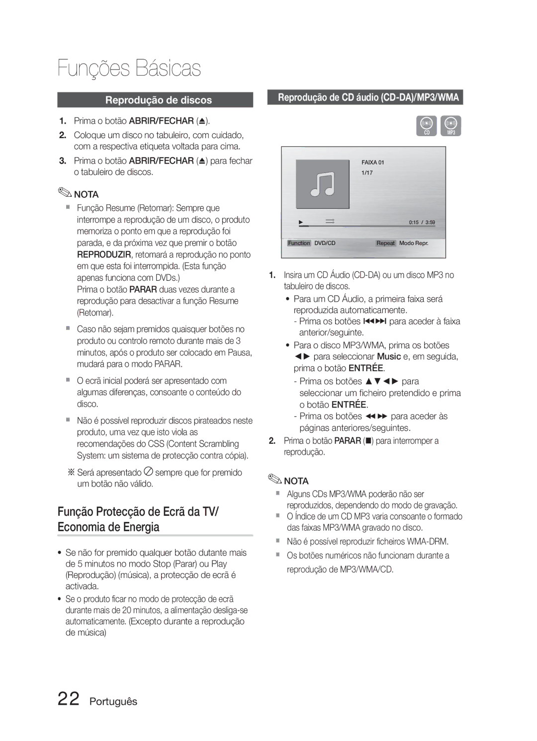 Samsung HT-E321/ZF manual Funções Básicas, Função Protecção de Ecrã da TV/ Economia de Energia, Reprodução de discos 