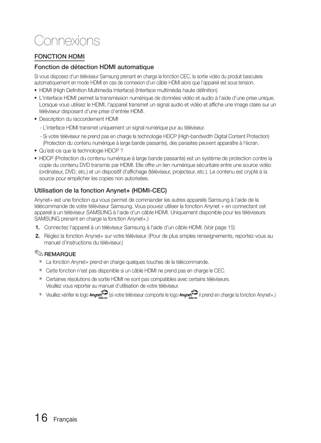 Samsung HT-E321/ZF manual Fonction de détection Hdmi automatique, Utilisation de la fonction Anynet+ HDMI-CEC 