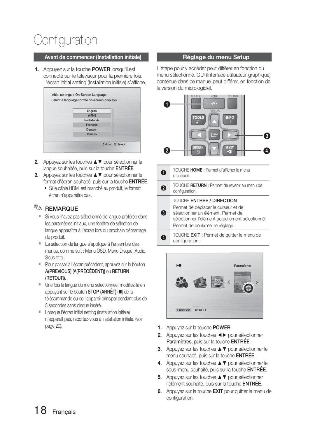 Samsung HT-E321/ZF manual Configuration, Réglage du menu Setup, Appuyez sur la touche Power 