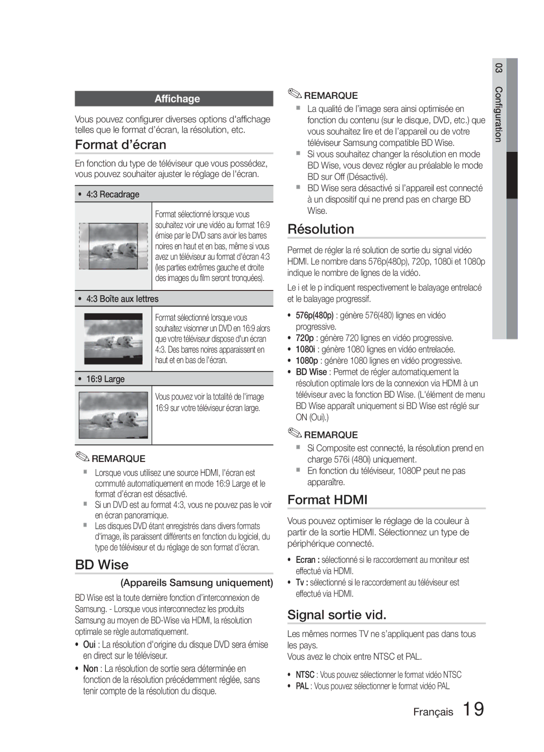 Samsung HT-E321/ZF manual Format d’écran, BD Wise, Résolution, Format Hdmi, Signal sortie vid 